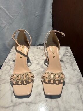 Unisa Nude Patent Chain-Accent Ankle Strap Block Heels